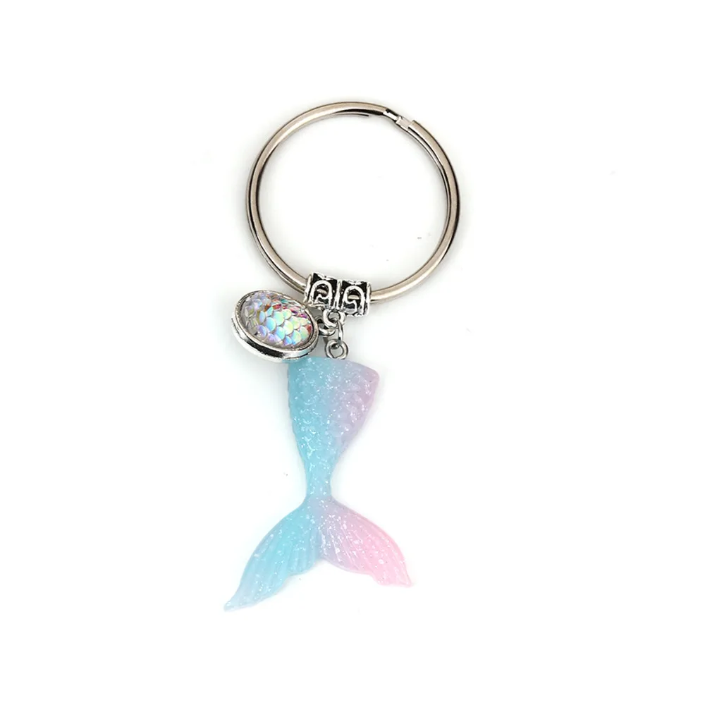

Doreen Box Glitter Acrylic Mermaid Fish Dragon Scale Keychain Keyring Antique Silver Key Ring AB Rainbow Color 8.7x3.5cm 1 Piece