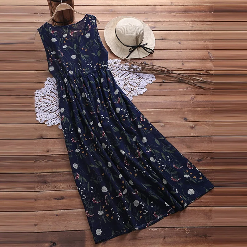 

Brand New 2019 Spring And Summer New Arrival Vintage Print Loose Sleeveless Tank Dress in hot sales