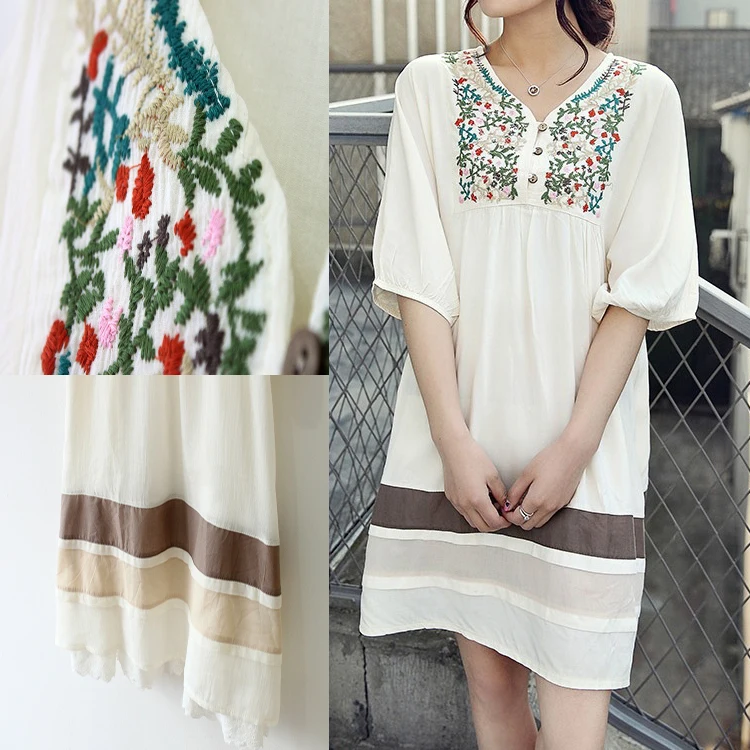 

2016 Hot Sale Free Shipping Vintage 70s Peasant Embroidered Mexican Dress Pregnant Long Vestidos Womens Blouse 11 colors