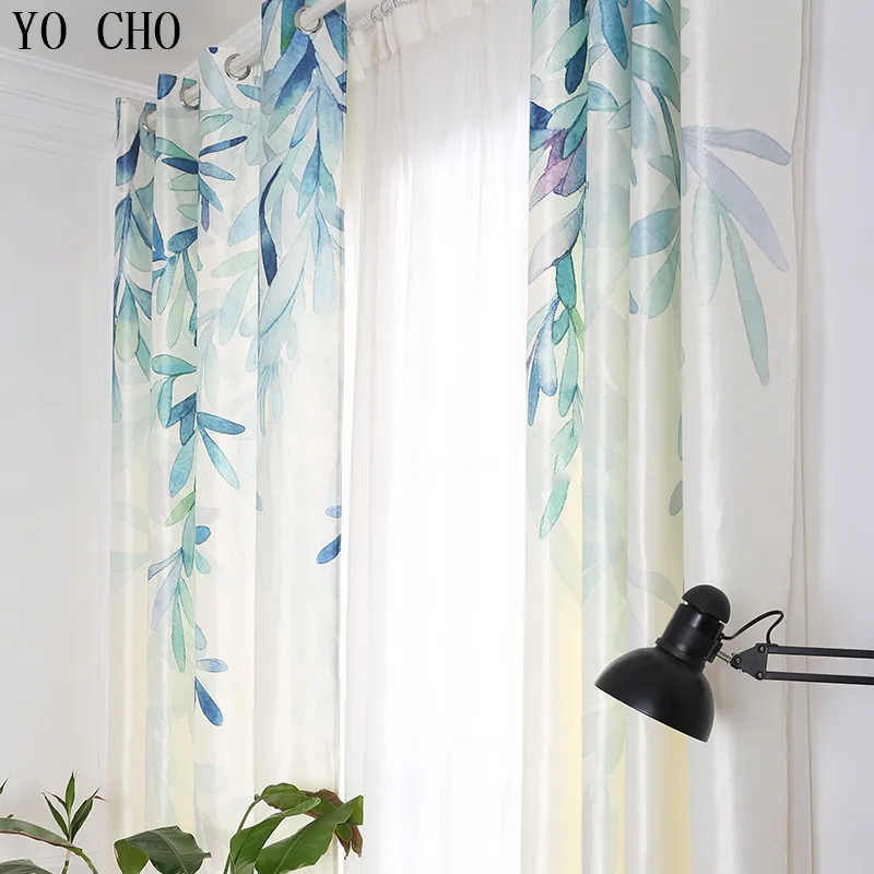 

YO CHO spring willow leaves blackout curtains for living room pastoral style window curtains fabric printed 3d window decoration