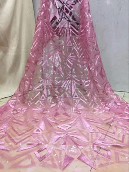 

Stylish French Sequins Net Lace Noble Sequins Fabrics For Party High Quality Pink African Tulle Lace Fabric X1109