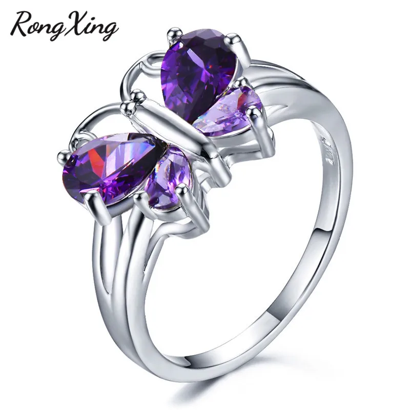 RongXing Purple/Red/Blue Crystal Zircon Butterfly Rings for Women White Gold Filled Jewelry Multicolor Birthstone Ring | Украшения и