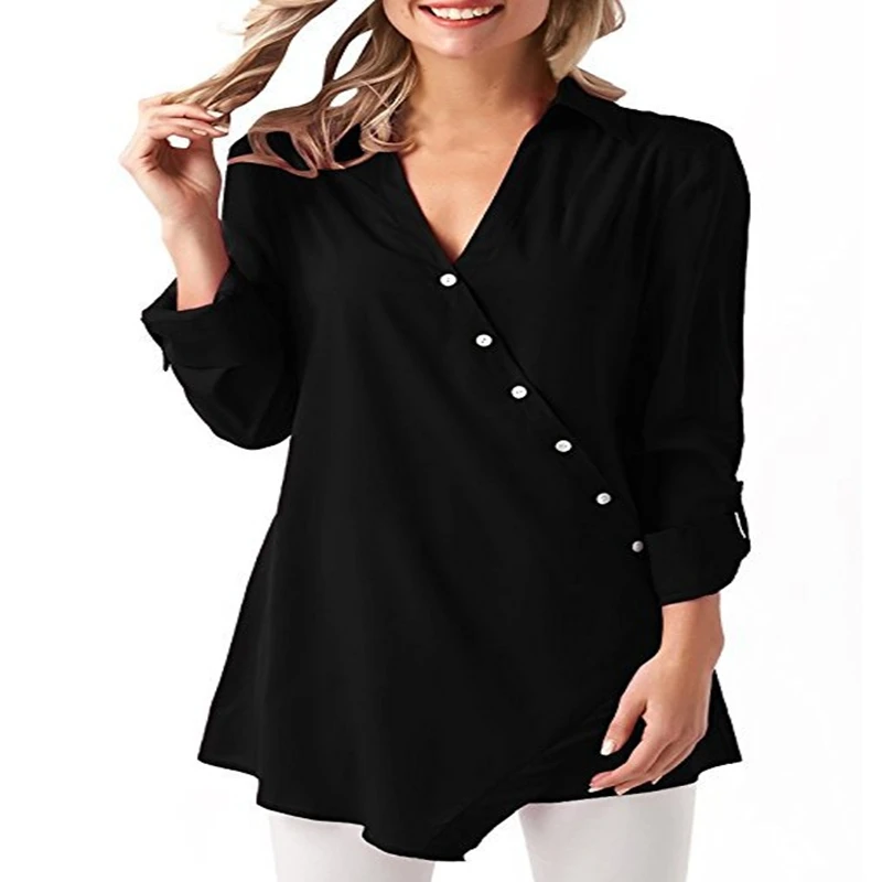 

Women's Sexy V-neck Irregular Button Shirt 2019 Summer Casual Female Long Sleeve Chiffon Blouse Fashion Solid Color Loose Tops