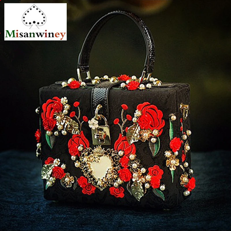 

Baroque Siciliy Rose Hand-embroidered Genuine Leather Women Handbags Brocade Jacquard Pearl Luxury Wedding Evening Shoulder Bags