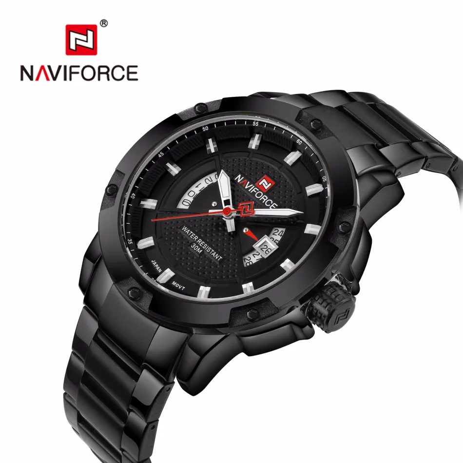 Часы мужские NAVIFORCE брендовые полностью стальные армейские часы Мужские кварцевые часы спортивные наручные часы relogio masculino - Цвет: black black