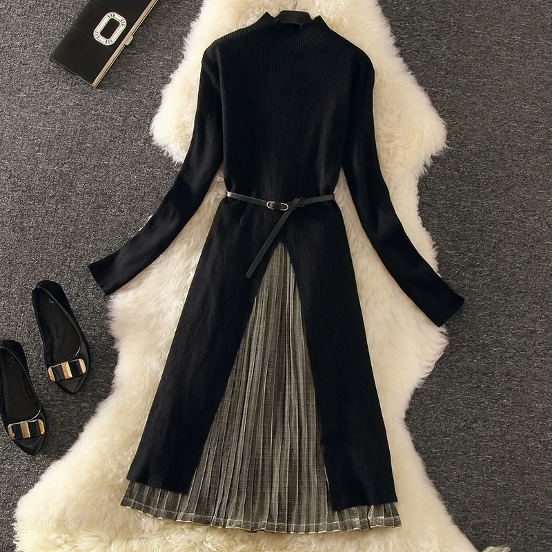 Mooirue 2PC Irregular Long Sweater Split Dress + Pleated Skirt Women Autumn Winter Elegant Suits Waist Belt Included