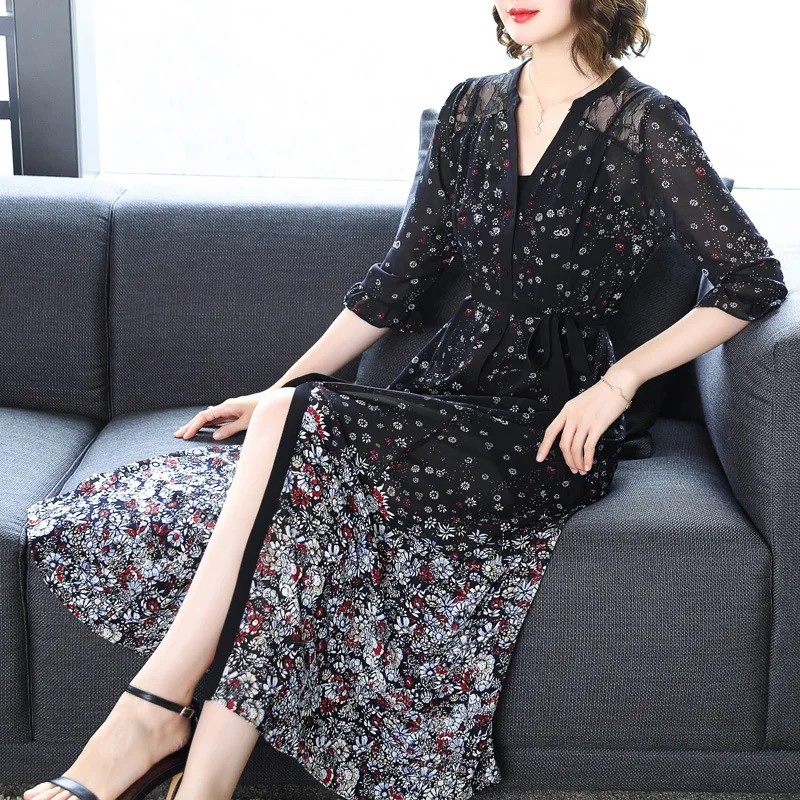 

Summer 2018 Beach Chiffon Dress Women Casual Elegant Spaghetti Strap & Three Quarter Sleeve V-Neck Floral Cardigan Two Piece Set