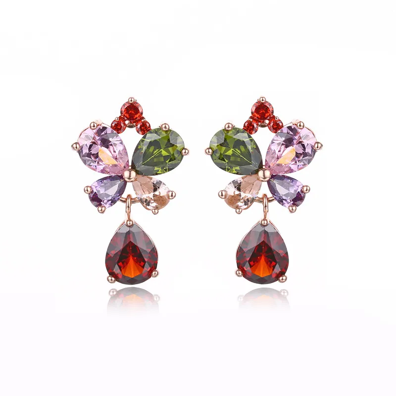 

FYM Fashion High Quality Flower Shape Colorful Wedding Stud Earrings Cubic Zirconia Bride Jewelry Earring For Women Party