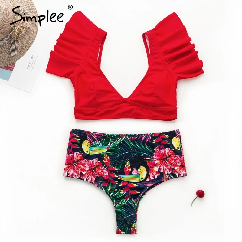 Simplee Vintage print two pieces women bra sets Deep v ruffles high waist bathing suit swimwear Push up sexy elegant lingerie Simplee Vintage print two pieces women bra sets Deep v ruffles high waist bathing suit swimwear Push up sexy elegant lingerie
