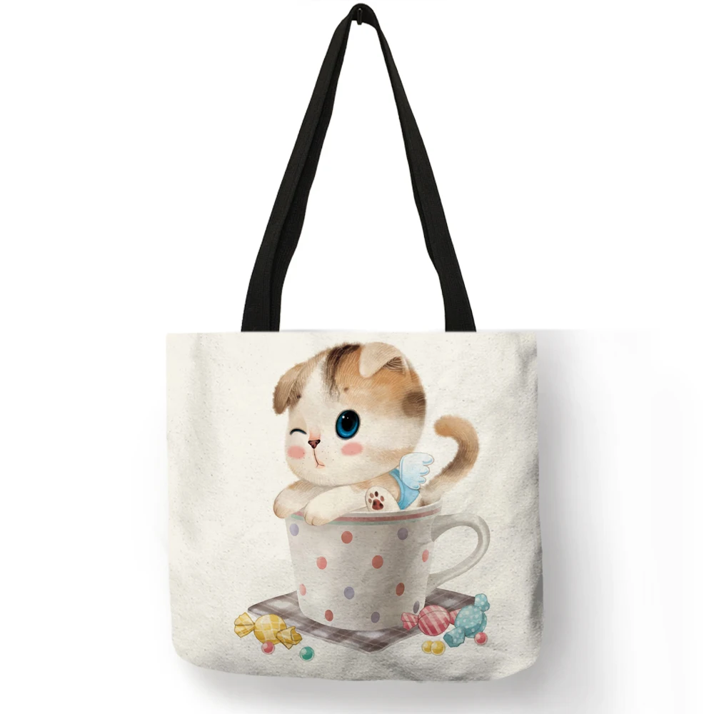 

Cute Design Handbags for Girls Funny Cup Baby Cat Animal Prints Tote Bag Eco Linen Practical Shopping School Ladies Shoulder Bag