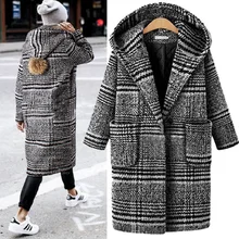 XL-5XL размера плюс повседневные женские шерстяные пальто осень зима Модные утепленные клетчатые куртки с карманами женская верхняя одежда с капюшоном