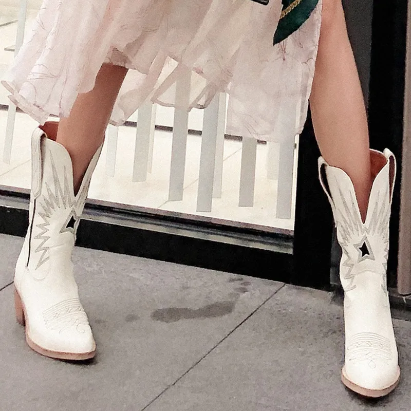 Г., осенне-зимние кожаные модные ковбойские ботинки из текстурированной кожи с вышивкой Женские ковбойские ботинки с острым носком Botas Mujer
