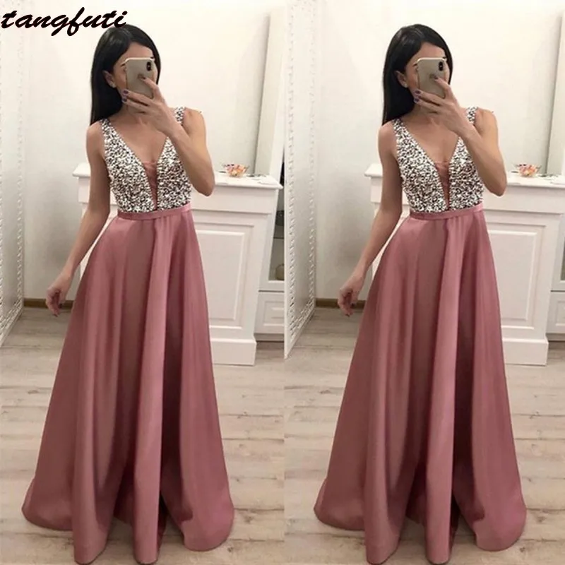 

Evening Dresses Long Party A-Line Pearls Satin Formal Evening Prom Party Gown Wear robe de soiree longue 2019 Dress