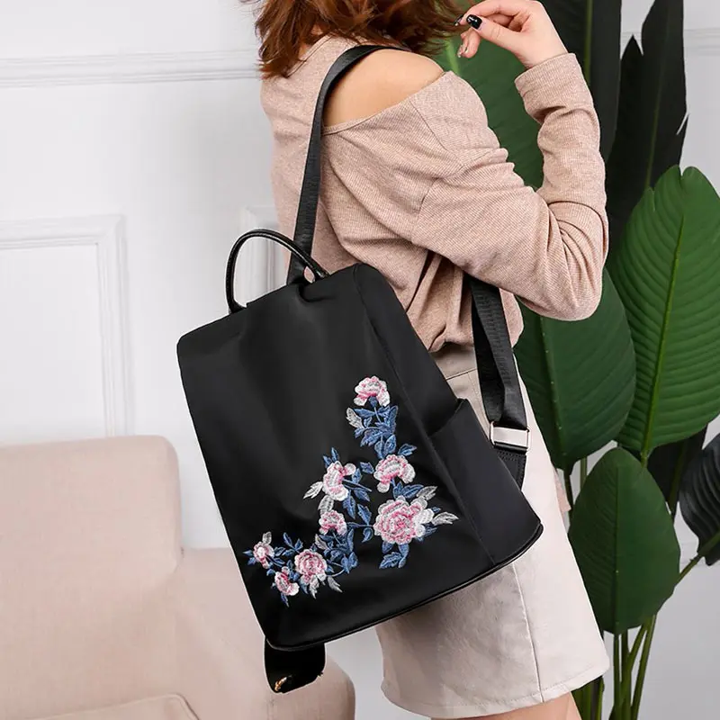 Повседневный женский рюкзак с вышитыми цветами, простая Женская Противоугонная сумка, черный Большой Вместительный рюкзак из ткани Оксфорд, анти-грязный