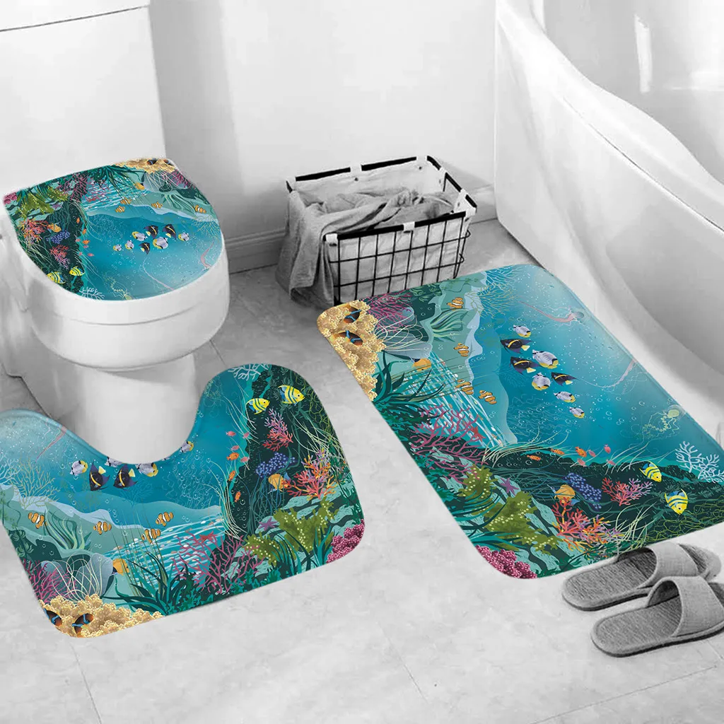 3 шт. коврик для ванной ковер 3D океан подводный мир Противоскользящий туалетный узор фланелевый чехол для сиденья унитаза костюм L0605