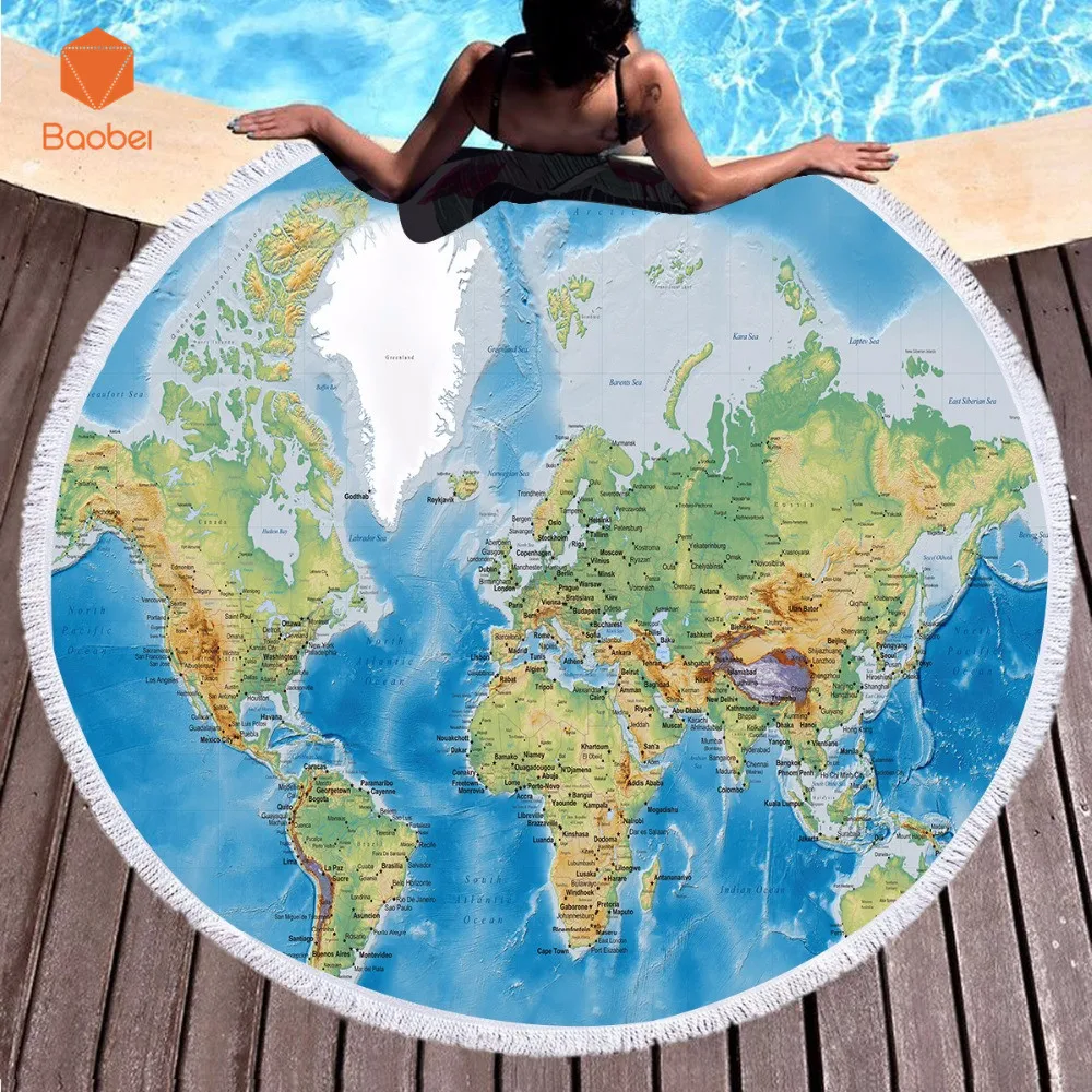 

Hot sale world map Microfiber soft Towel Round Beach Towel With Tassel Yoga Mat Blanket Printed 150cm Bath Towel Summer YJ53