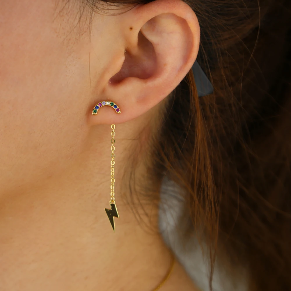 Tiny link chain linghting with rainbow drop earring pave colorful CZ gold color tassel elegance gift women jewelry | Украшения и