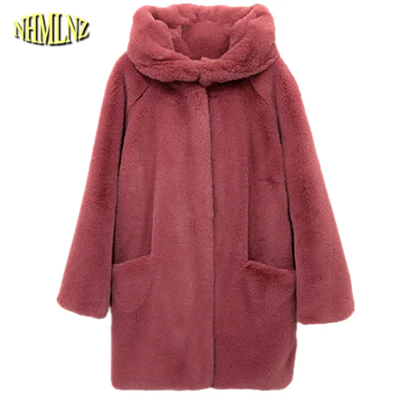 

Winter Warm hooded Large size Medium length Solid color Fur & Faux Fur Women 2019 New Casual Long sleeve Women Fur coat LH349