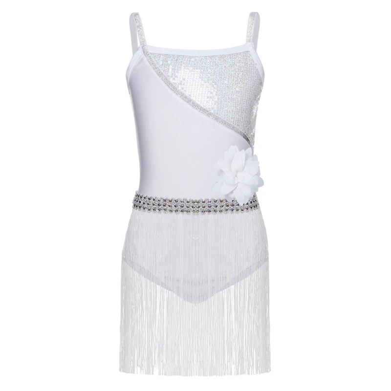 Sexy Sequin Sleeveless Latin Dance Dress Girls Children Kids White Dress Ballroom Rumba Salsa Tango Dance Tassel Dress