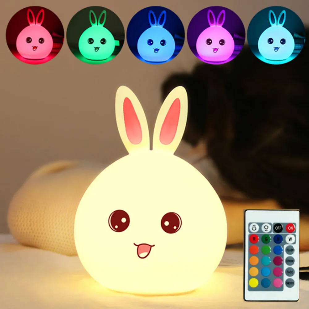 

Touch Sensor Rabbit LED Night Light Remote Control RGB USB Rechargeable Cartoon Silicone Bunny Lamp for Children Kids Baby Gift