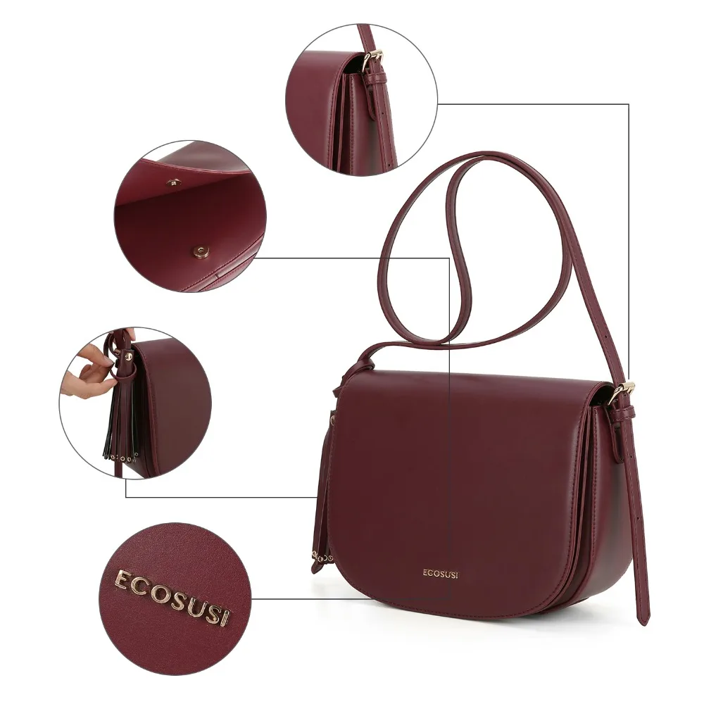 ECOSUSI الرجعية Crossbody حقائب للنساء الإناث قابل للتعديل السرج حقائب كتف بو الجلود حقيبة ساع مع انفصال شرابة