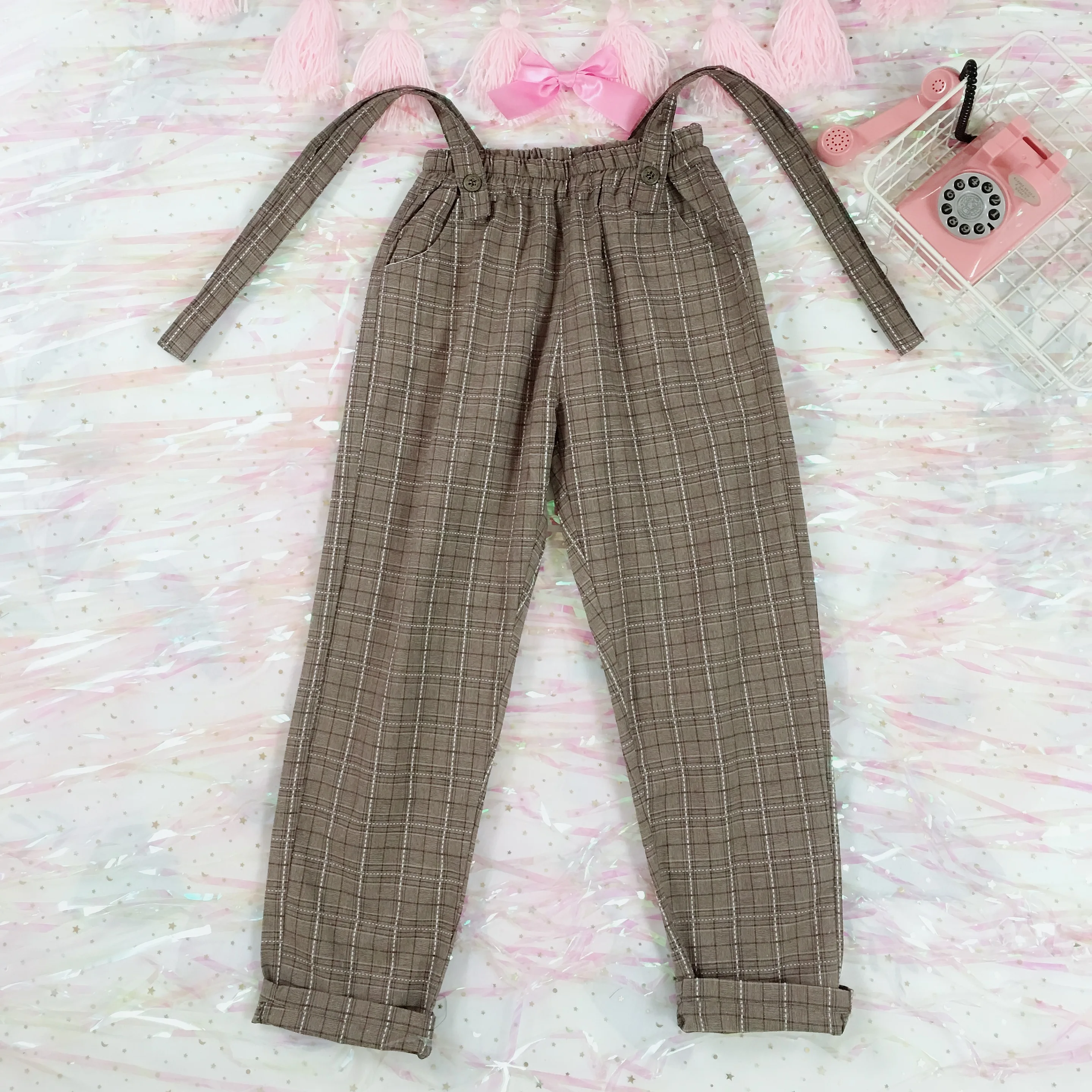 Vintage Women Jumpsuits Japanese Cute Girls' Elastic Waist Casual Plaid Overalls Backless Cotton Linen Suspender Wide Leg Pants