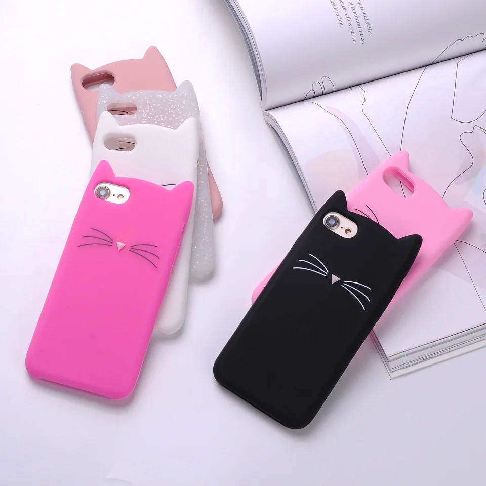 Koop THREE DIAO Voor iPhone 6 6 s 7 8 Plus X Case 3D Leuke Cartoon Dier Kat Oor Siliconen Case Voor iPhone 5 s SE 6 6 s 7 8 Plus Capa