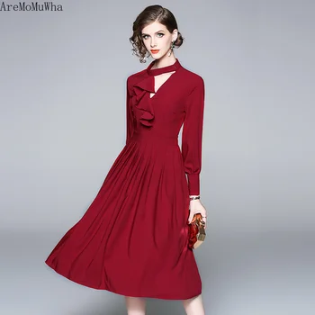 

AreMoMuWha Autumn New Hollow Long-sleeved Pleated Temperament Was Thin and Large Dress Woman Party Night Bandage Dress QX1054