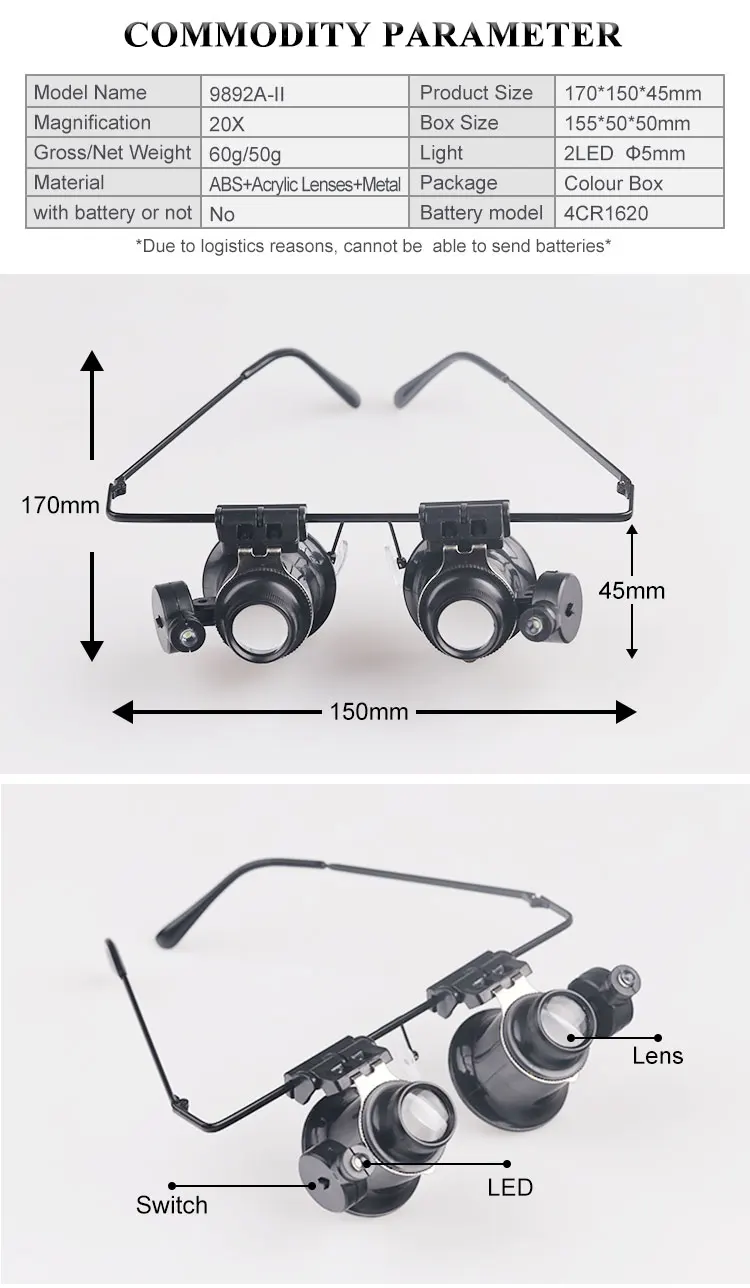 BIJIA голова/шлем для чтения увеличительное стекло лупа с 2 светодиодными лампами 20x ювелирные часы Ремонт лупа