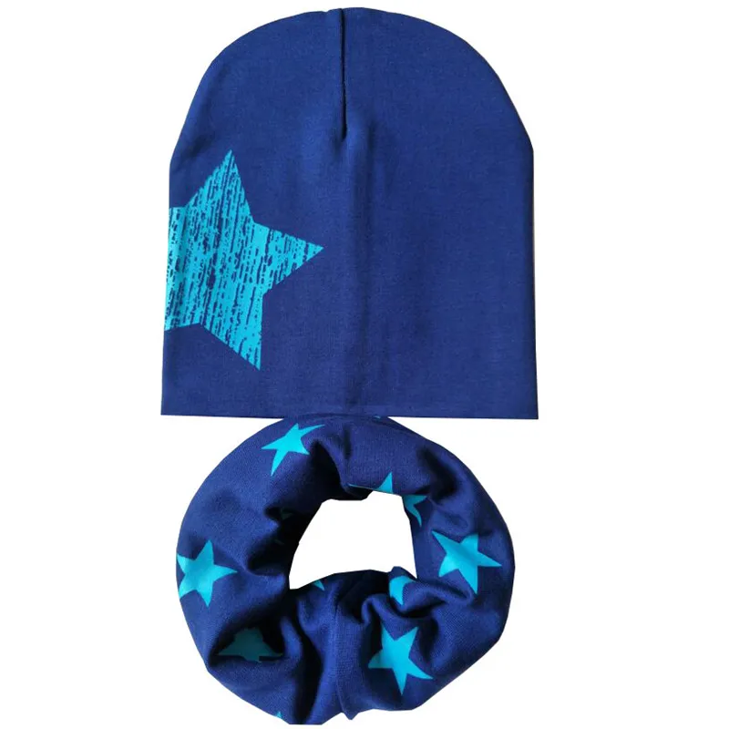 Navy one star set Новая осенне-зимняя детская шапка, комплект для мальчиков и девочек, шарф на шею, весенний теплый шейный платок, детские вязаные шапки, комплекты, хлопковая детская шапка, шарф - Цвет: Navy one star set