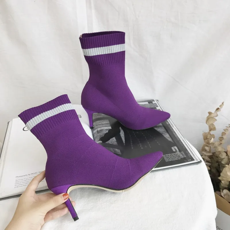 

Winter skinny booties pointed high-heeled Martin boots stiletto knit wool boots in the boots purple 1129