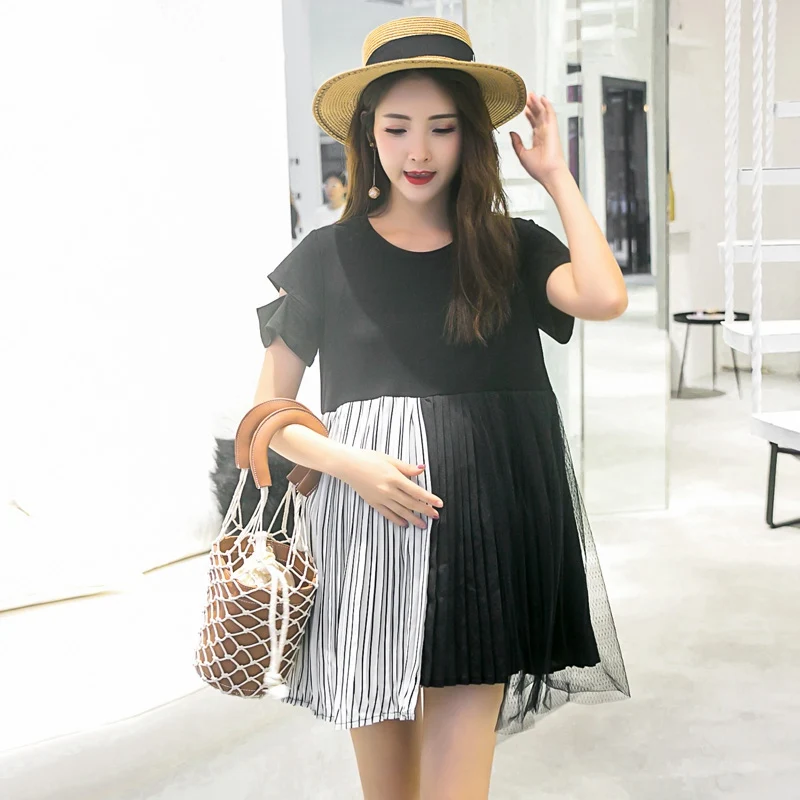 

Maternity dress new stitching color matching dress strapless round neck loose large size small black skirt was thin pregnancy sk