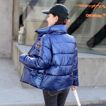 

Short Parkas Winter Jacket Women Warm Coats 2019 Autumn Metal Silver Blue Black Bright Thicken Stand Collar Down Cotton Overcoat