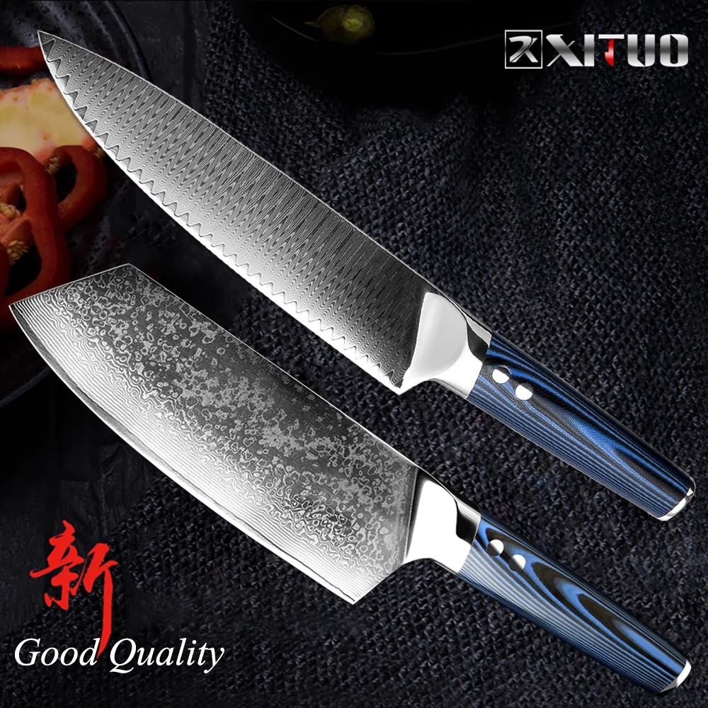 XITUO Дамасские поварские ножи высокоуглеродистые VG10 японский дамасский кухонный нож Gyuto Nakiri Кливер синий G10 Ручка аксессуары