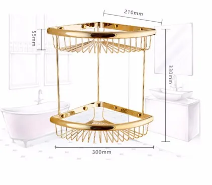 Золотой латуни Ванная комната полки 2-х уровневые Ванная комната корзина для хранения Настенный Ванная комната ванная комната шампун