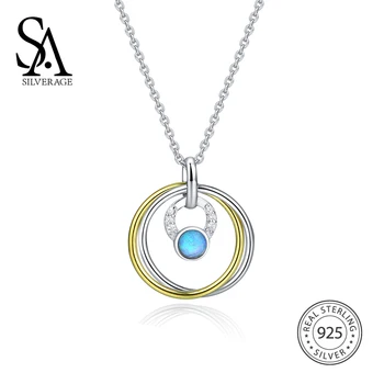 

SA SILVERAGE 2018 Women Opal Pendant Necklaces Real 925 Sterling Silver Round Circles Chocker Necklaces For Women