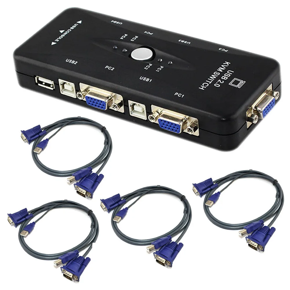 USB 2.0 4 Port Monitor VGA SVGA KVM Switch Box + 4 Cables