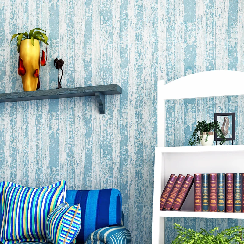 

Mediterranean Blue Striped Wood Grain Wallpaper Roll For Walls Papel De Parede 3D Modern Living Room Wall Decoration Pure Color