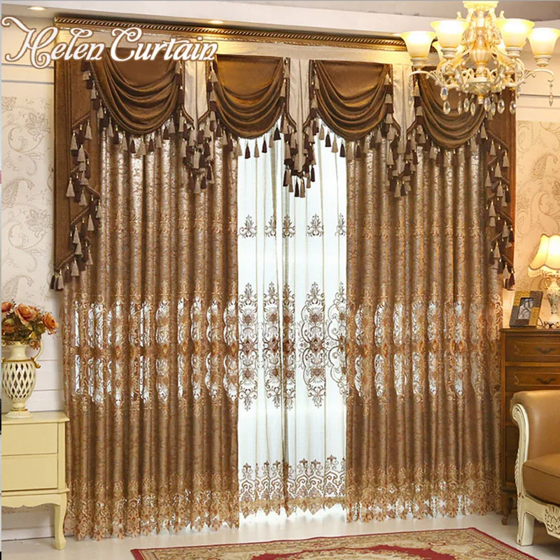 Cortinas bordadas de oro de lujo para sala de estar cortinas de Valance de estilo europeo tratamiento de ventana decorativo L-37