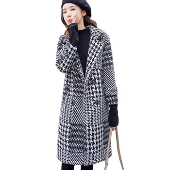 

High Quality Woolen Coat Women 2019 Autumn Winter Jacket Outerwear Plaid Warm Medium Long Imitation Mink Coats Female Basic Coat