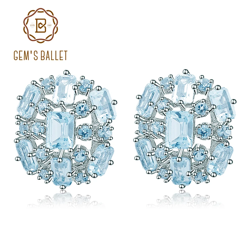 Женские серьги клипсы с натуральным небесно голубым топазом GEM'S BALLET из серебра