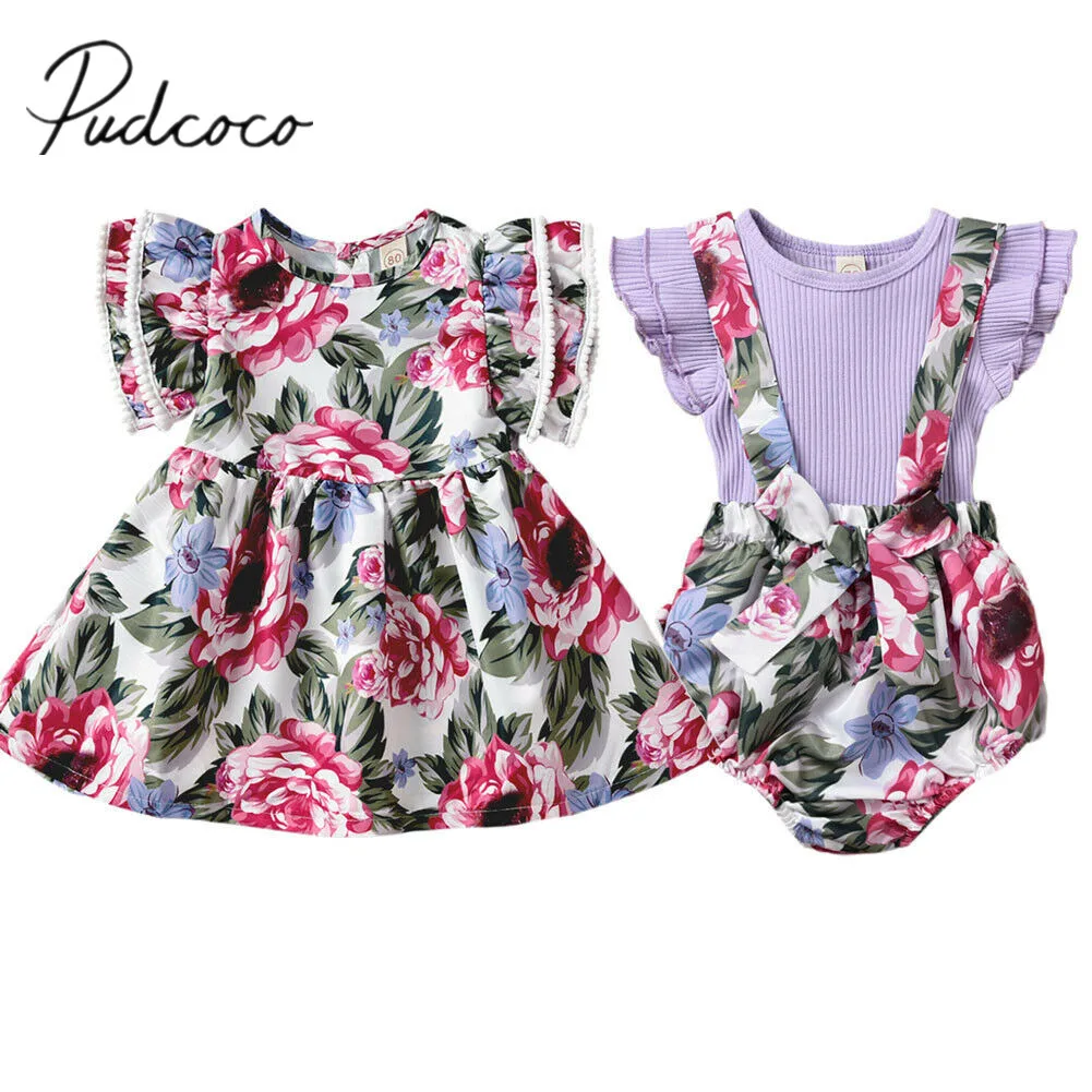 

2019 Baby Summer Clothing Big/Little Sister Matching Clothes Infant Baby Girl Floral Tutu Romper+Shorts 2pcs Outfit / Dress