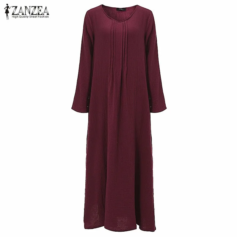 Женское платье ZANZEA, осень, v-образный вырез, длинный рукав, длина до пола, повседневное, свободное, одноцветное, макси, длинное платье, Vestidos размера плюс S-5XL