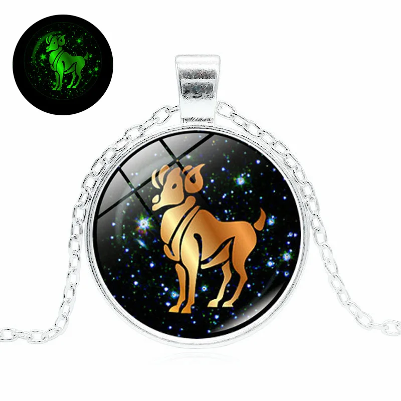 

12 Constellation Necklace Jewelry with Silver Color Zodiac Signs Glass Cabochon Glow in the Dark Pendant Necklace for Men Women