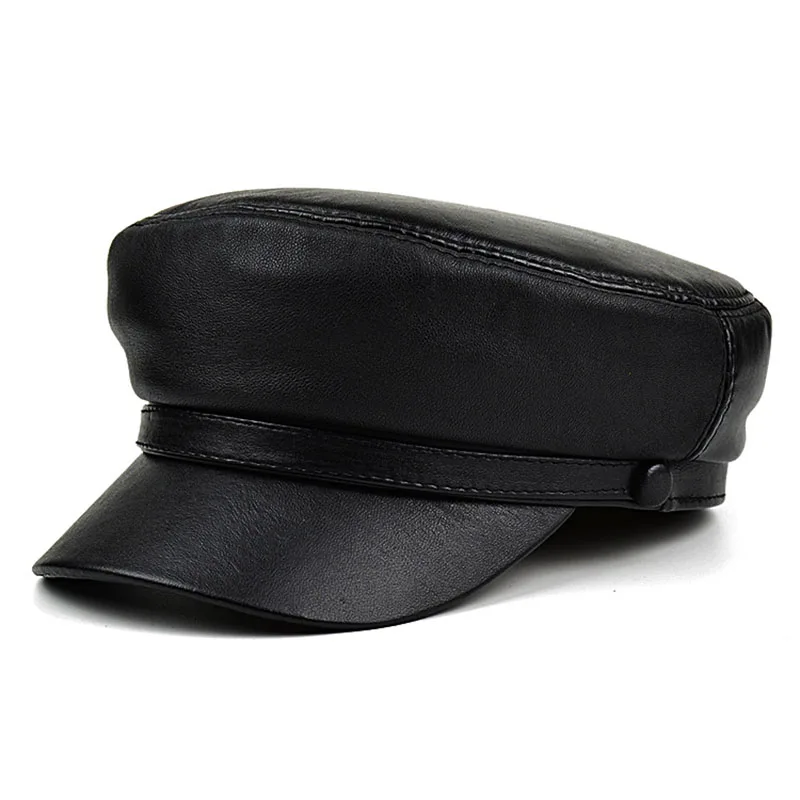 Fashion Men`s Cadet Hat Leather Lambskin Navy Army Military Hat Flat