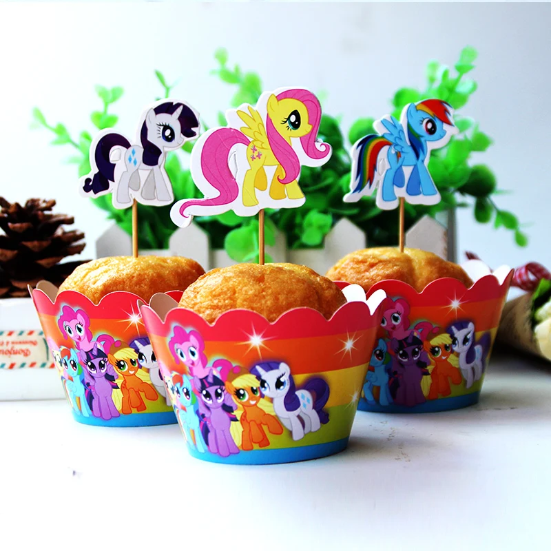 

Free Shipping 24Pcs(12pcs Wrapper+12pcs topper) Little Pony Cupcake Wrapper Birthday Party Decoration Favors