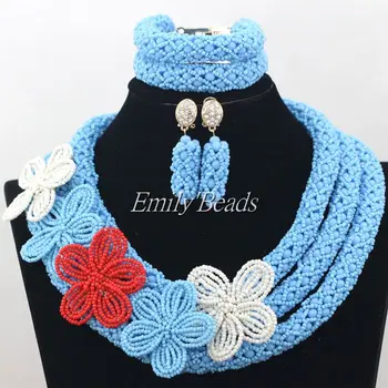 

Light Blue Nigerian Crystal Beads Necklaces Bracelet Earrings Jewelry Set African Wedding Jewelry Sets Free Shipping AIJ297