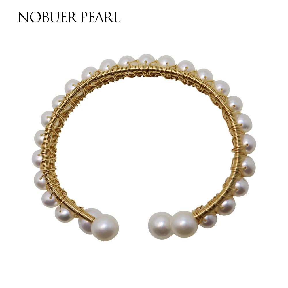 

Nobuer 14KGF Trendy Handmade Pearl Bracelets For Women With 7-8mm White Near Round Pearl bracelet natural Jewelry To A Party