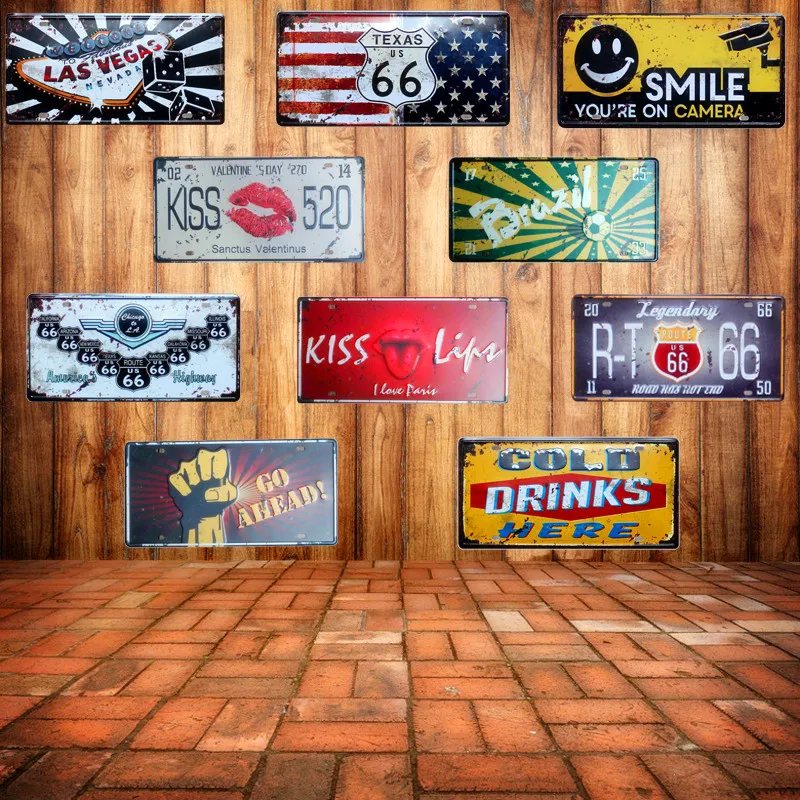 Hot Route 66 Vintage Car License Metal Signs Las Vegas Creative Number Signs Home Decor Iron Painting Craft Gift 15X30CM N057