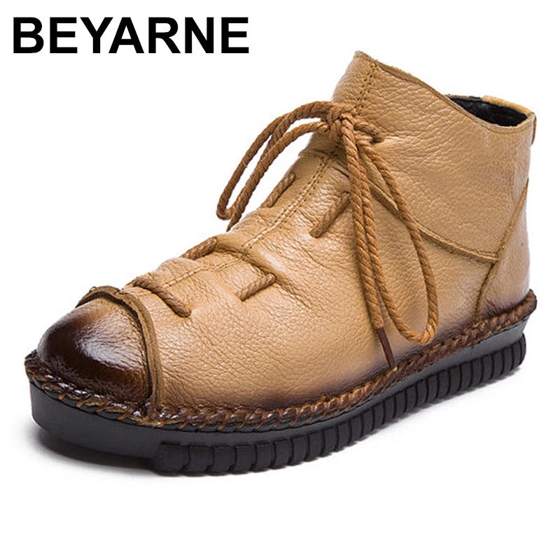 

BEYARNE Winter Boots 2018 Warm Short Plush Thicken Ankel Boots Lace Up Pleated Zipper Soft Flat Shoes Spring Women Short Boots